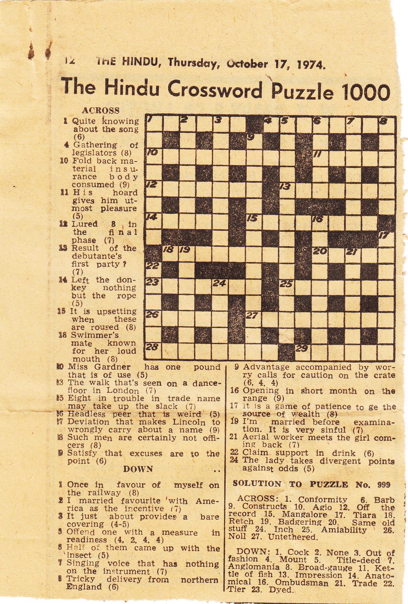The Hindu Crossword 1000 [October 17, 1974] Crossword Unclued